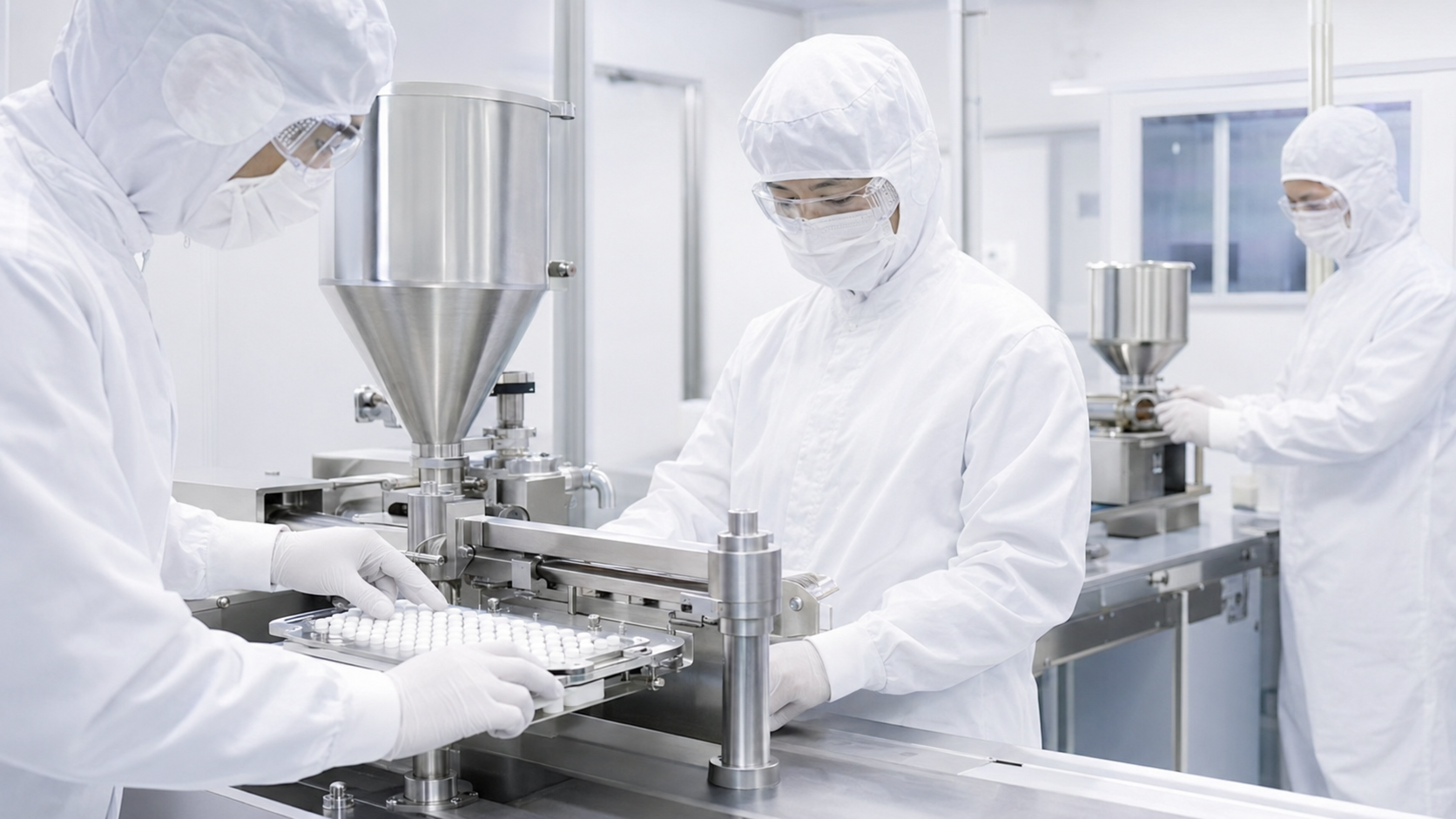 白い食品製造用フード、マスク、防塵眼鏡、手袋を着用した作業者が、清潔な製造室で錠剤の製造工程を確認する様子